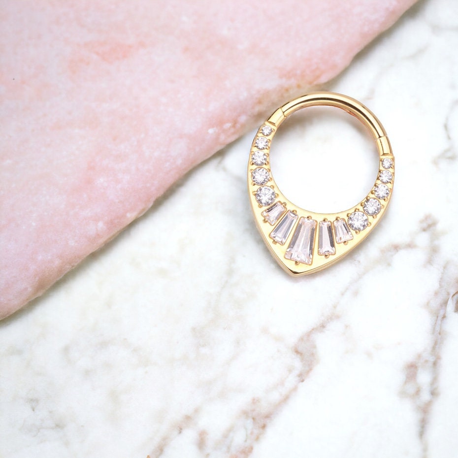 16g Gold Titanium Multi-Gems Septum Clicker Hoop. CZ V shaped Septum Ring. Septum Clicker Hoop. Nose Piercing Body Jewelry