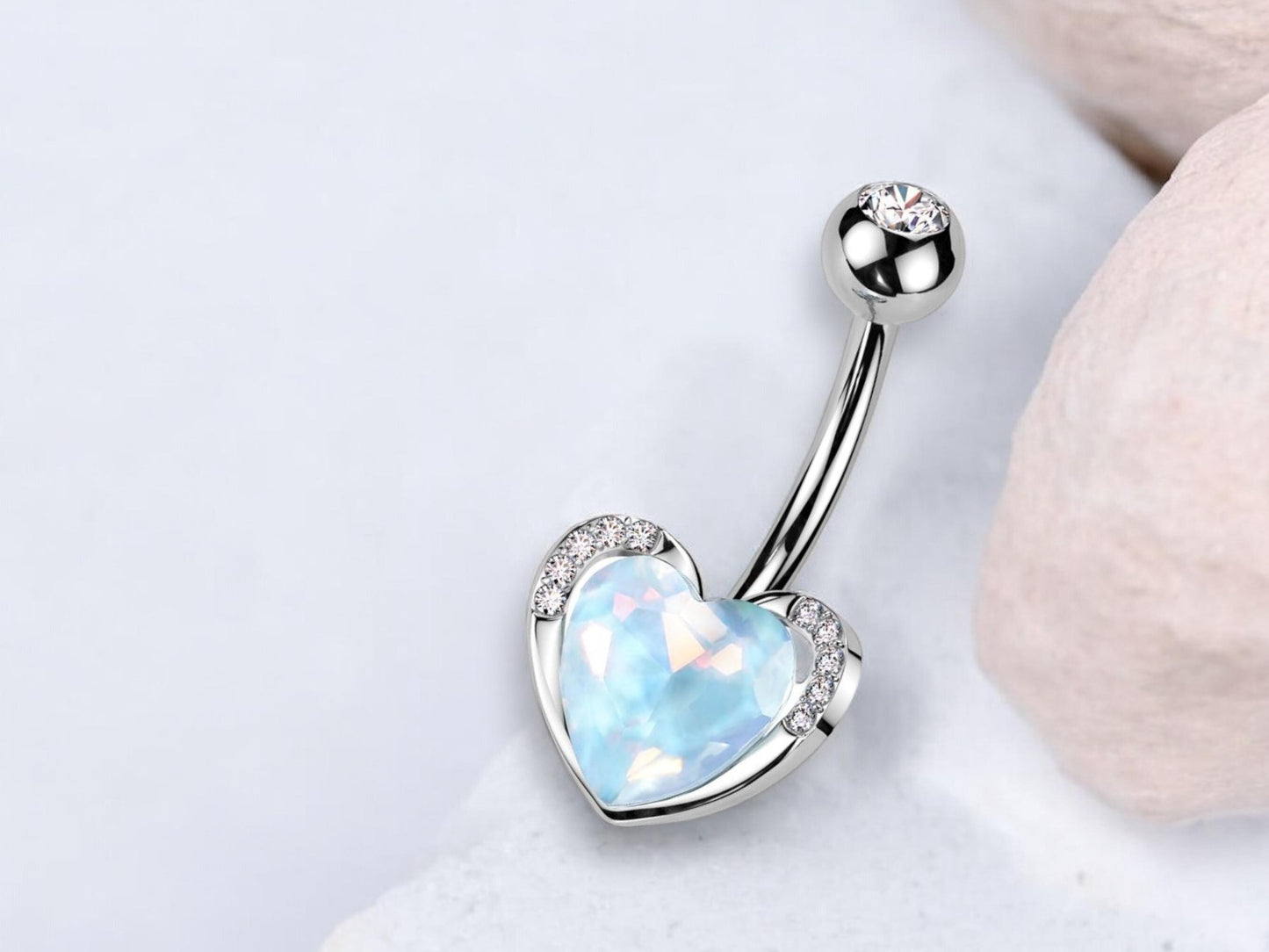 14g Heart Silver Belly Button Ring, Dainty Aqua Gem Heart Belly Ring, Cute Navel Piercing Jewelry
