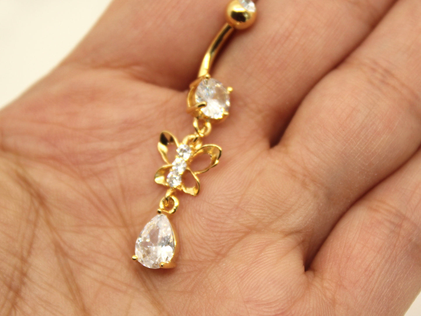 Butterfly Dangling Belly Ring, Teardrop Sparkle Dangling Belly Button Ring Piercing, Navel Piercing Ring Body Jewelry, Gold Belly Jewelry