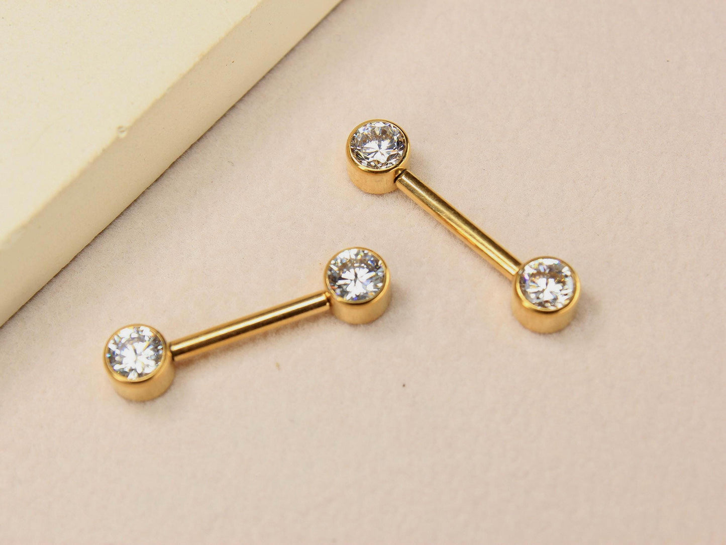 14g Titanium Nipple Barbell, Internally Threaded Gold Bezel Set Nipple Piercing Ring, Pair of Nipple Body Piercing Jewelry