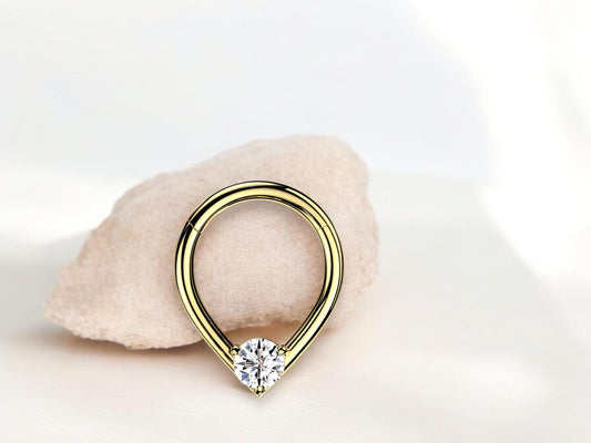 16g Gold Septum Clicker Ring, Teardrop Front CZ Stud Hinged Segment Hoop Ring, Dainty Septum Hoop Jewelry, Nose Piercing, Body Jewelry.