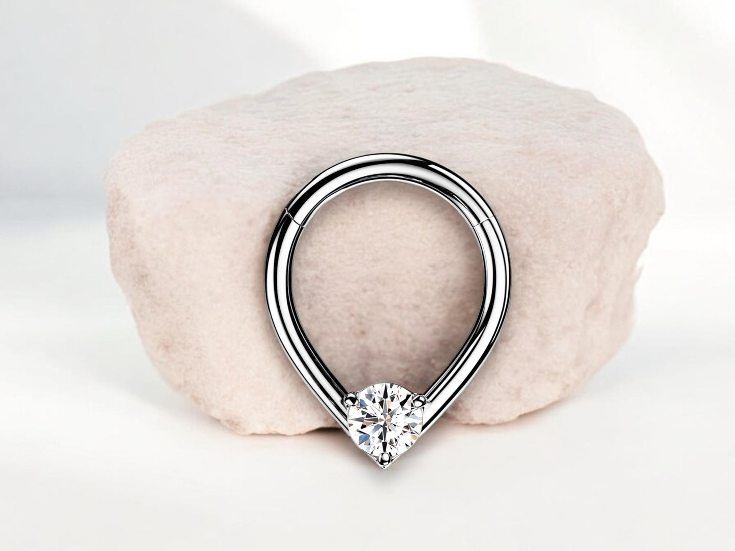 16g Silver Septum Clicker Ring, Teardrop Front CZ Hinged Segment Hoop Ring, Dainty Septum Hoop Jewelry, Nose Piercing, Body Jewelry.