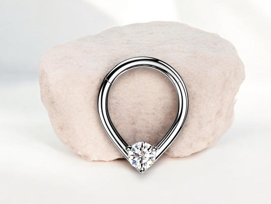 16g Silver Septum Clicker Ring, Teardrop Front CZ Hinged Segment Hoop Ring, Dainty Septum Hoop Jewelry, Nose Piercing, Body Jewelry.