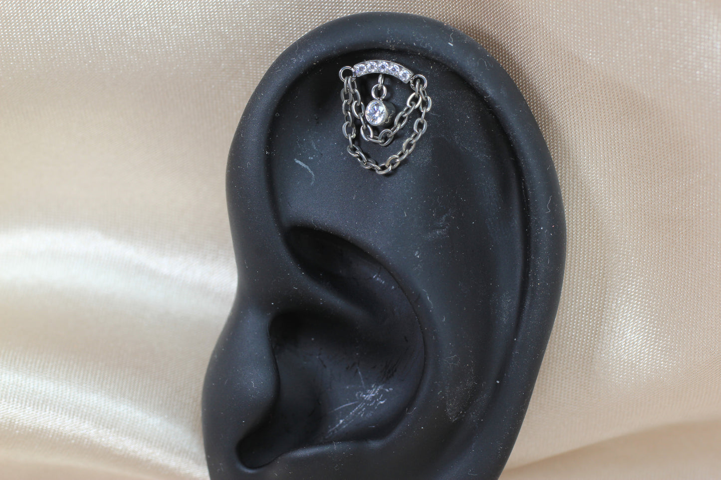 14G Silver Gem Industrial Barbell with Dainty Chain – 38mm Sparkling Gold Industrial Piercing