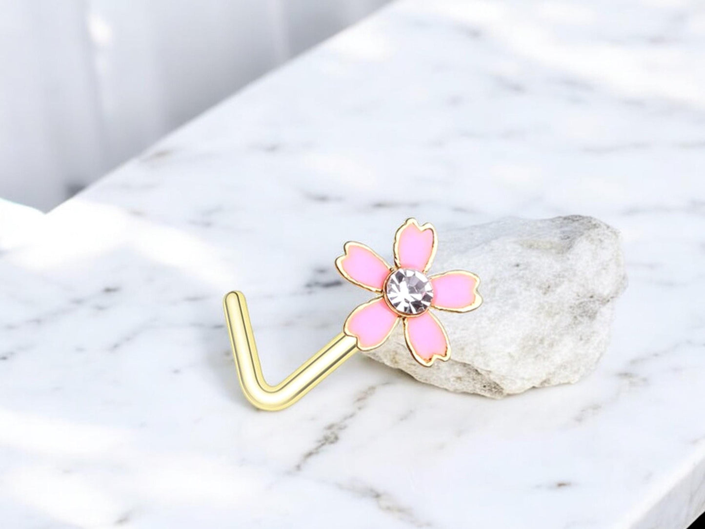 Dainty Flower Nose Stud,  Pink Floral Decor Nose Ring Piercing Jewelry, L shape Nose Piercing Ring, 20g Thin Nose Stud Jewelry