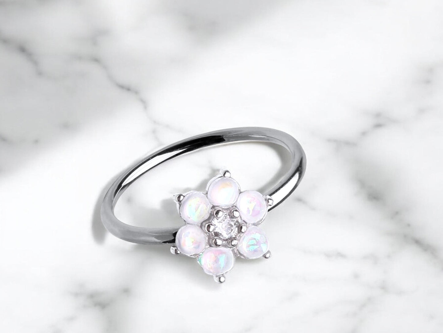 20g Opal Flower Nose Ring, Floral Top Opal Nose Hoop Ring, Jewelry, thin nose Ring Cartilage Hoop Ring, Hypoallergenic Nose Jewelry