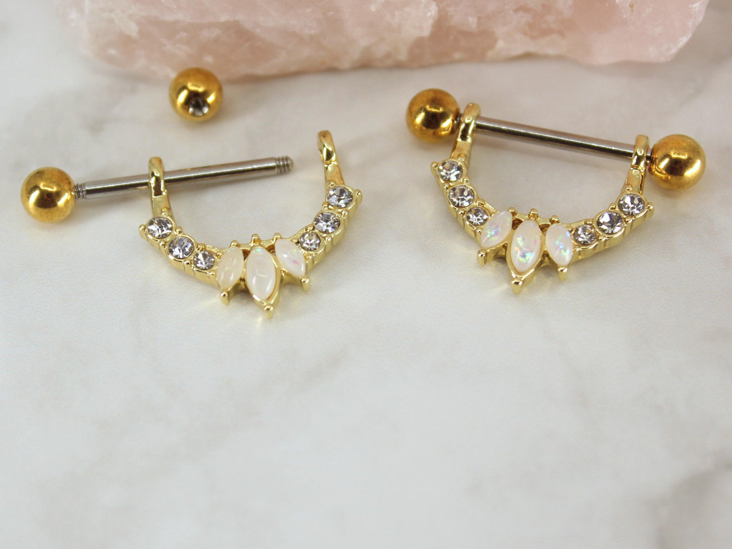 Opal Dangle Nipple Ring, Marquise Cut Opal Decorative Gem Nipple Piercing Jewelry, Gold Body Jewelry Piercing Nipple Ring Barbell