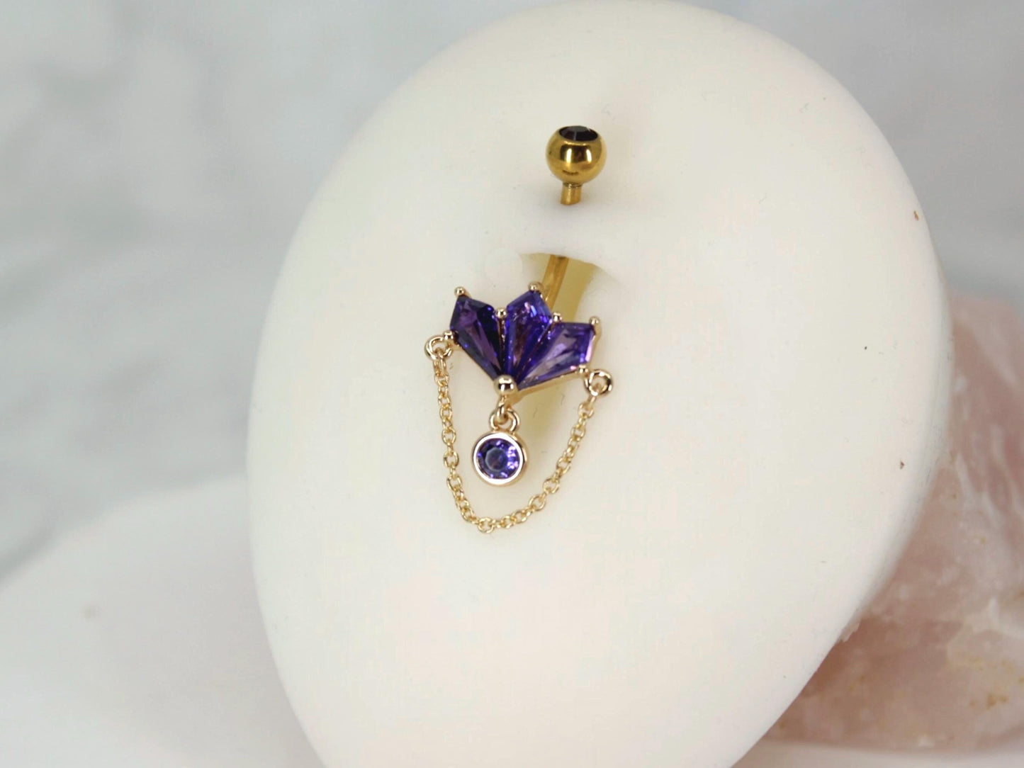 14G Gold Chain Dangling Belly Button Ring – Purple Marquise Gem Charm