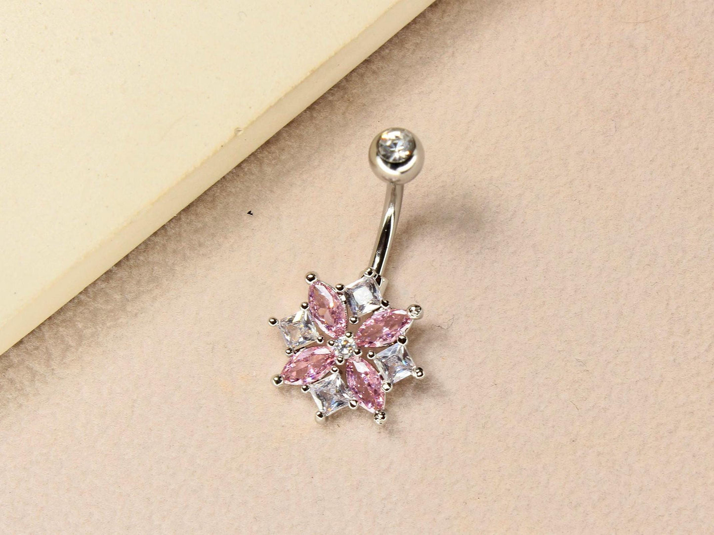 14G Floral Belly Ring, Dainty Pink Sparkling Clear Gem Belly Piercing, Navel Piercing Body Jewelry, Floating Navel Ring