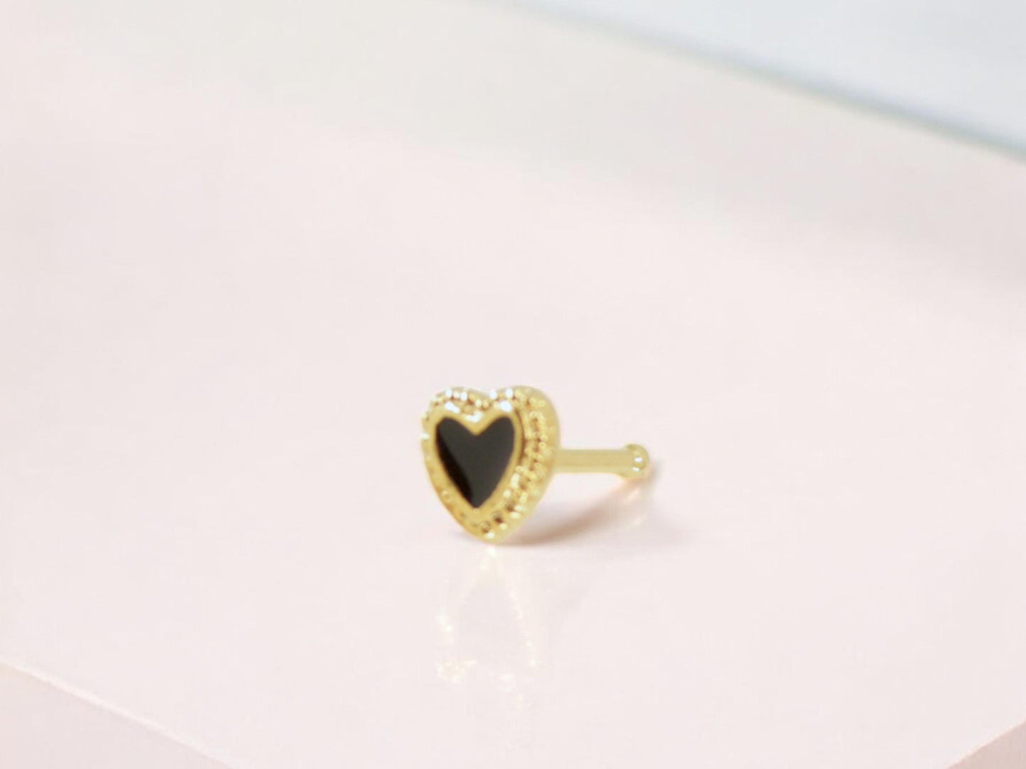 20g Heart Nose Stud, Black Heart Nose Bone Stud Jewelry, Ball End Nose Piercing Stud, Thin Nose Stud, Gold Nose Ring, Hypoallergenic Jewelry