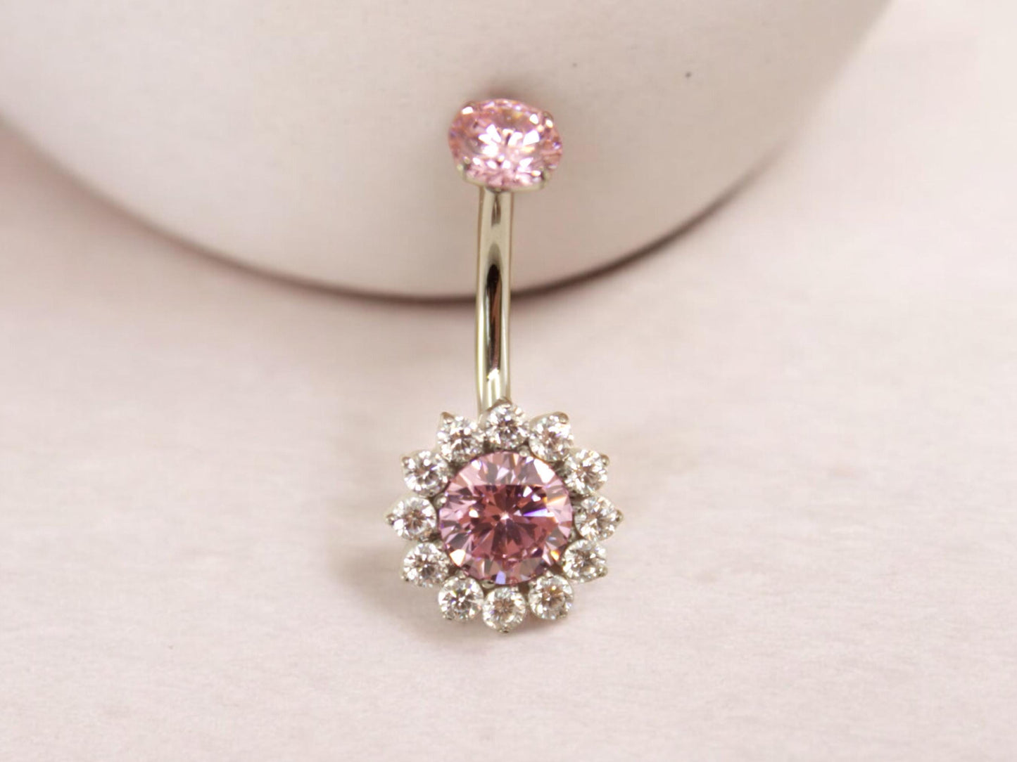 14G Titanium Pink Floral Belly Button Ring – Sparkle Gem Navel Piercing