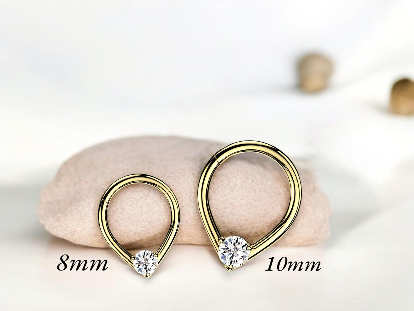 16g Gold Septum Clicker Ring, Teardrop Front CZ Stud Hinged Segment Hoop Ring, Dainty Septum Hoop Jewelry, Nose Piercing, Body Jewelry.