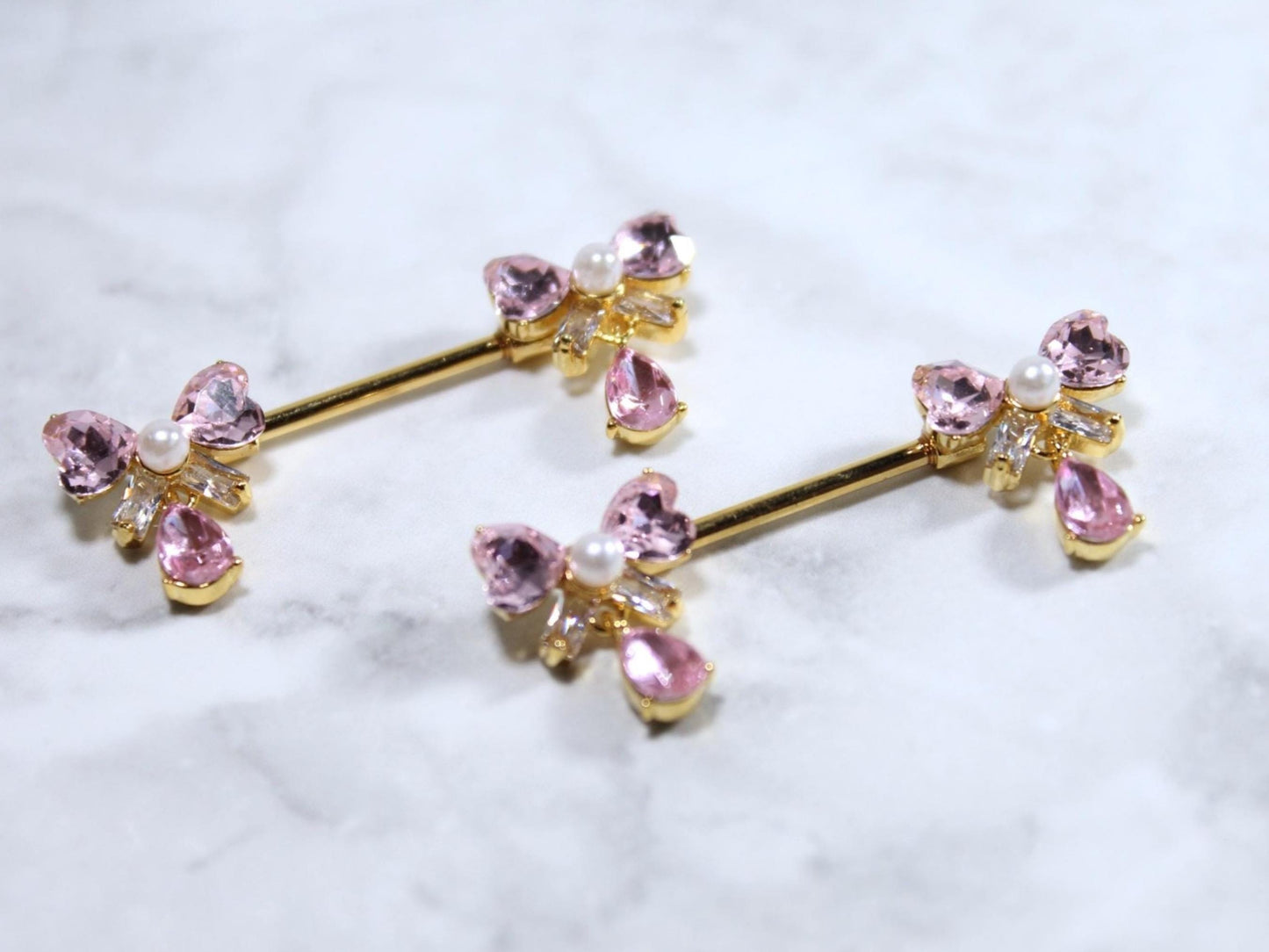 14G Pink Ribbon Bow-Tie Nipple Ring, Dainty Bow Dangling Nipple Piercing Jewelry, Personalized Body Jewelry, Waterproof Nipple Jewelry.