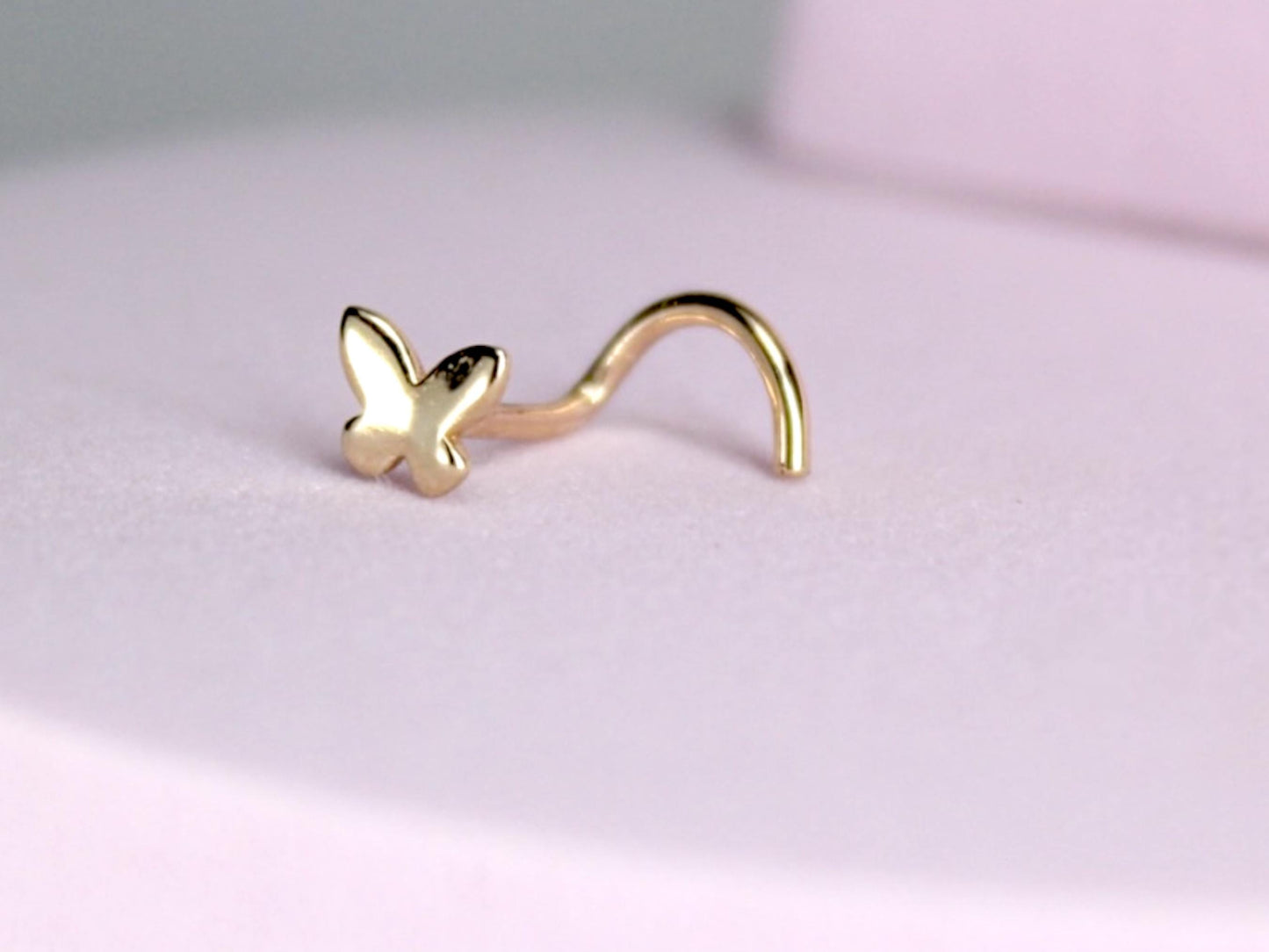 14K Solid Gold Butterfly Nose Stud, 20g Gold Corkscrew Nose Piercing, Dainty Gold Nose Jewelry, Minimalist Nose Piercing Ring Jewelry