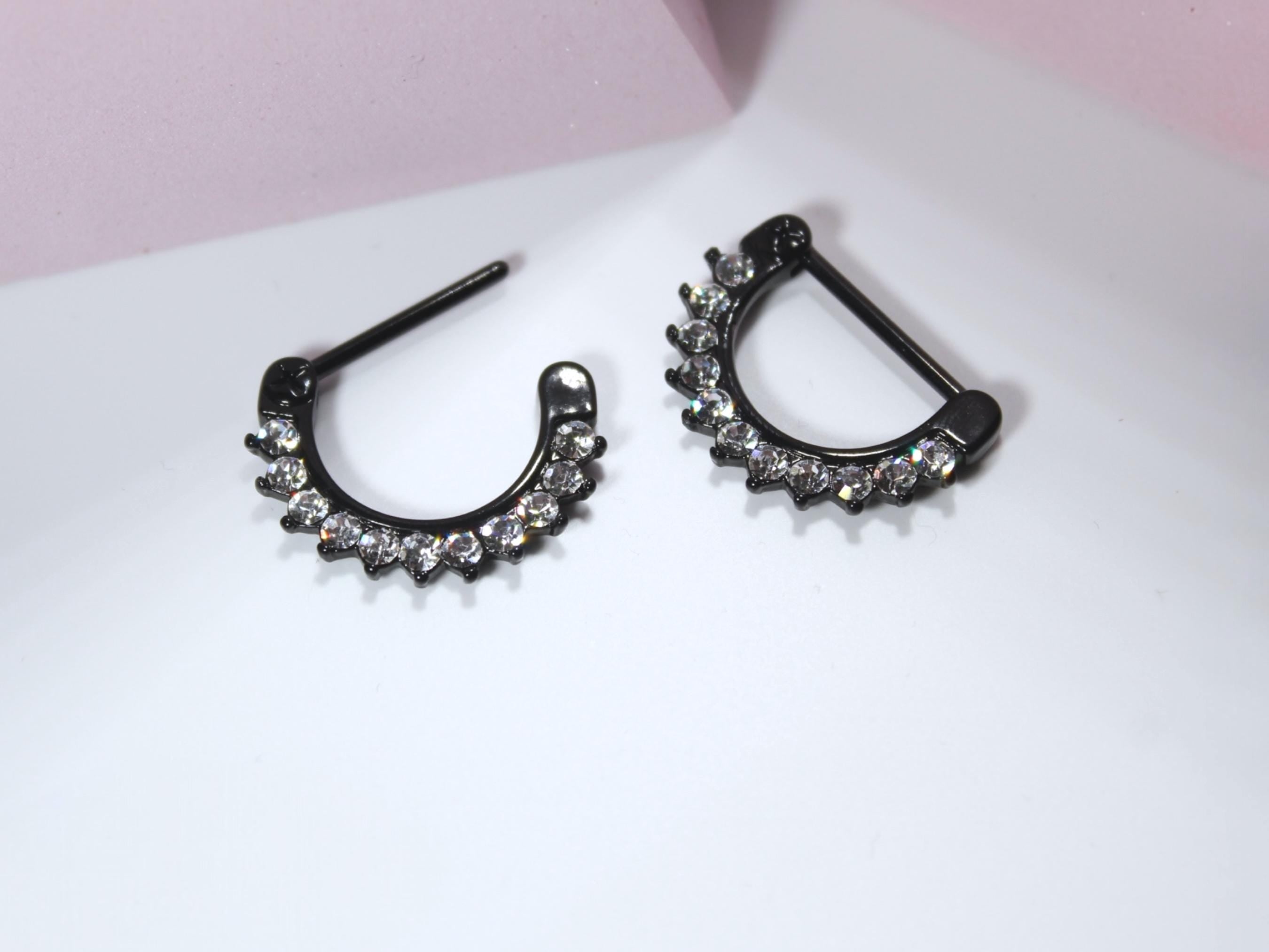 Black Dangle Nipple Ring,  Pair of Black CZ Hinged Clicker Nipple Barbell,  14g Nipple Barbell Piercing Jewelry, Body Jewelry