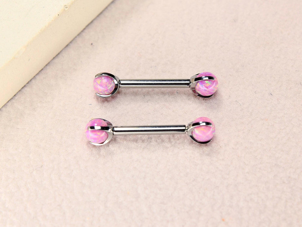 14G Titanium Nipple Barbell, Pink Opal Ball End Nipple Ring Piercing, Pair of Nipple Sheild Body Jewelry, Minimalist Nipple Piercing Jewelry