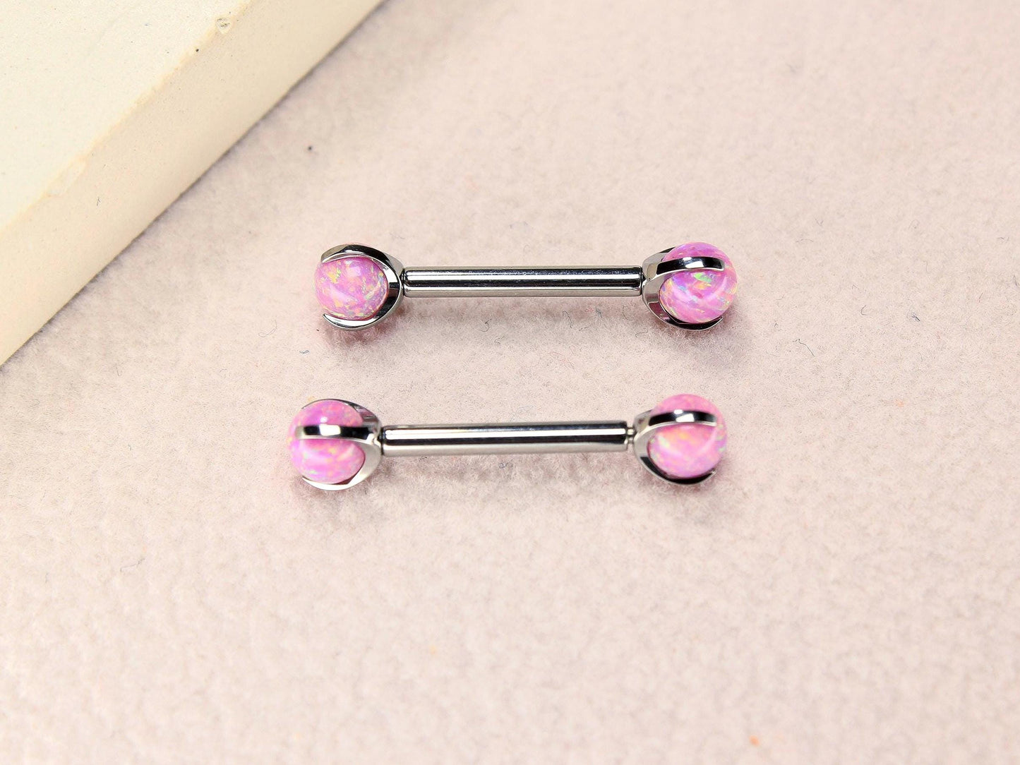 14G Titanium Nipple Barbell, Pink Opal Ball End Nipple Ring Piercing, Pair of Nipple Sheild Body Jewelry, Minimalist Nipple Piercing Jewelry
