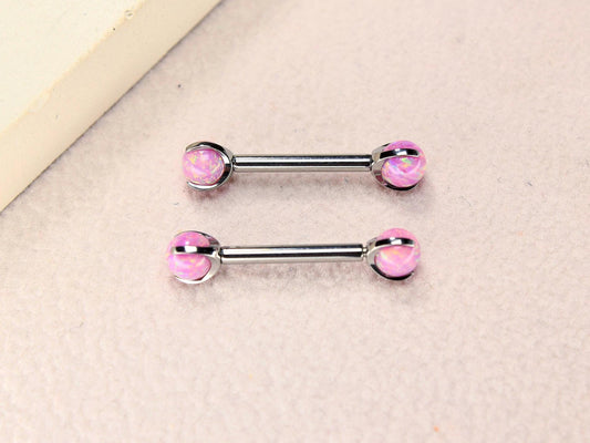 14G Titanium Nipple Barbell, Pink Opal Ball End Nipple Ring Piercing, Pair of Nipple Sheild Body Jewelry, Minimalist Nipple Piercing Jewelry