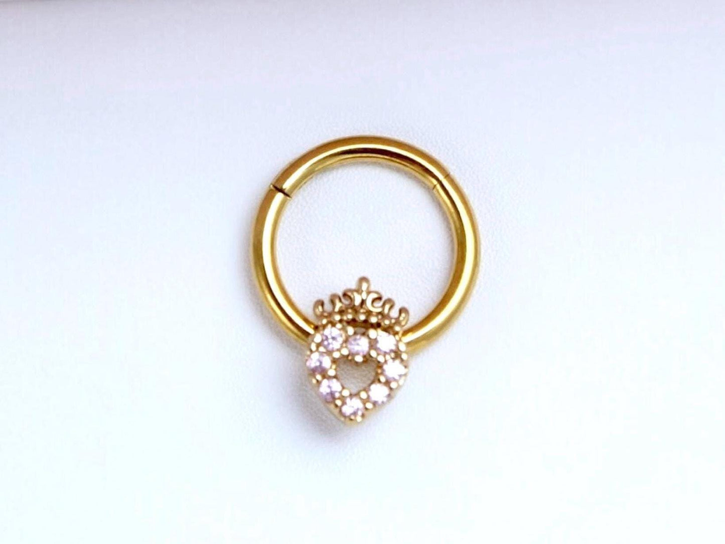 16G Gold Septum Clicker Ring Hoop, Dainty Pink Heart Septum Piercing Jewelry, Septum Nose Piercing Body Jewelry. Gold Nose Jewelry