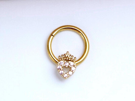 16G Gold Septum Clicker Ring Hoop, Dainty Pink Heart Septum Piercing Jewelry, Septum Nose Piercing Body Jewelry. Gold Nose Jewelry