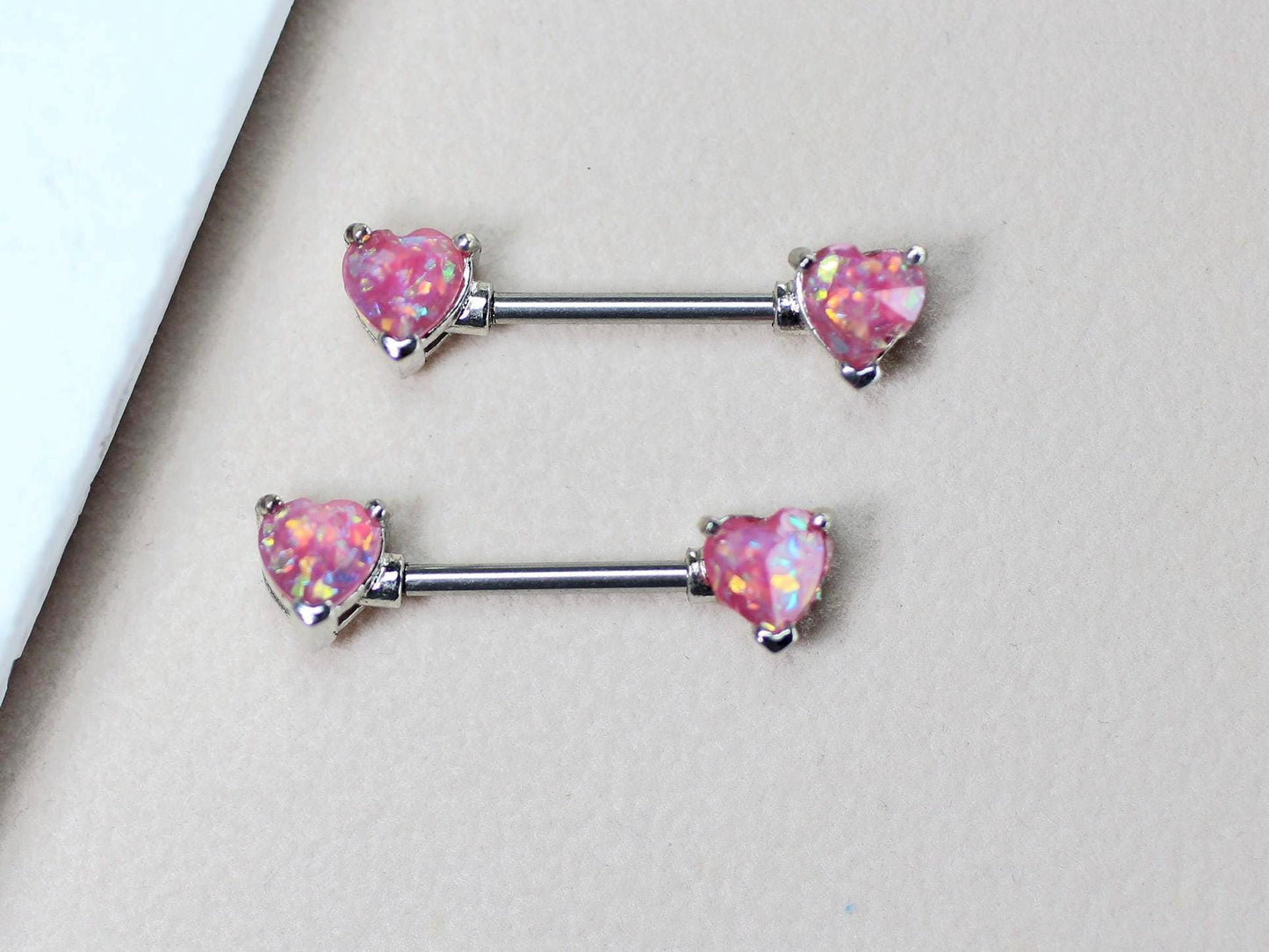 14g Opal Heart Nipple Ring, Pair of Internally Threaded Pink Glitter Nipple Piercing Jewelry, Surgical Steel Body Jewelry.