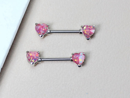 14g Opal Heart Nipple Ring, Pair of Internally Threaded Pink Glitter Nipple Piercing Jewelry, Surgical Steel Body Jewelry.