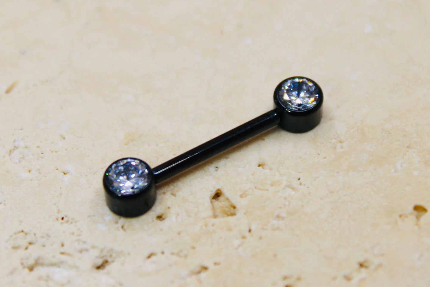 Internally Threaded Titanium Nipple Barbell, Bezel Set Flat Sparkle Gem Black Titanium Nipple Ring Jewelry