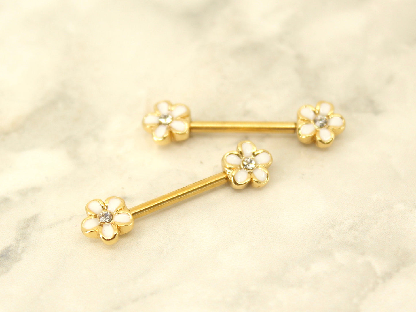 Daisy Nipple Ring, White Daisy Floral Decor Nipple Piercing Ring, 14g Gold Nipple Piercing Jewelry Barbell