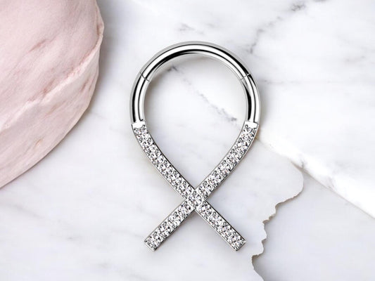 Titanium Septum Clicker Ring, 16g Silver Clear Gems Septum Hinged Hoop Ring, Nose Piercing Jewelry, Dainty Septum Ring