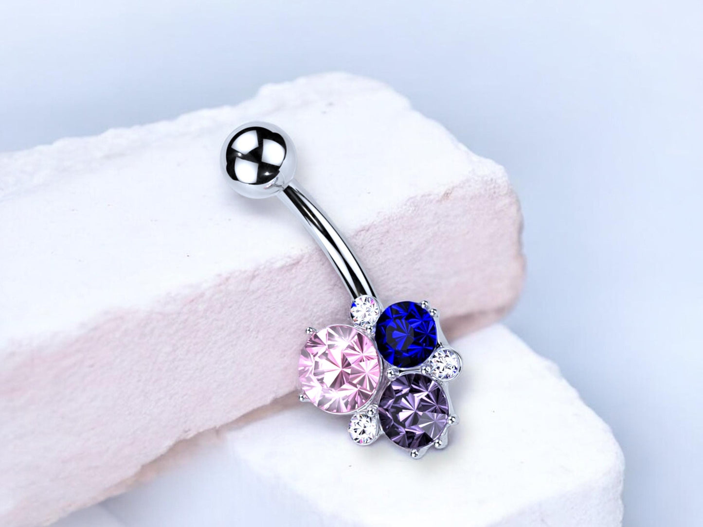 14g Silver Colorful Gem Belly Button Ring, Multicolor Gem Belly Piercing Ring Jewelry, Navel Piercing. Dainty Belly Ring