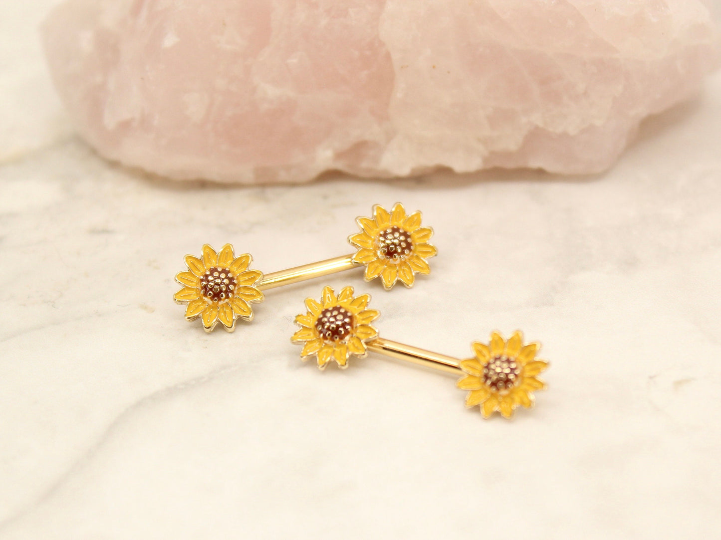 Sunflower Nipple Barbell, 14g Sunflower Nipple Ring Piercing.  Set of 2 Floral Nipple Piercing Jewelry, Body Piercing Nipple Jewelry