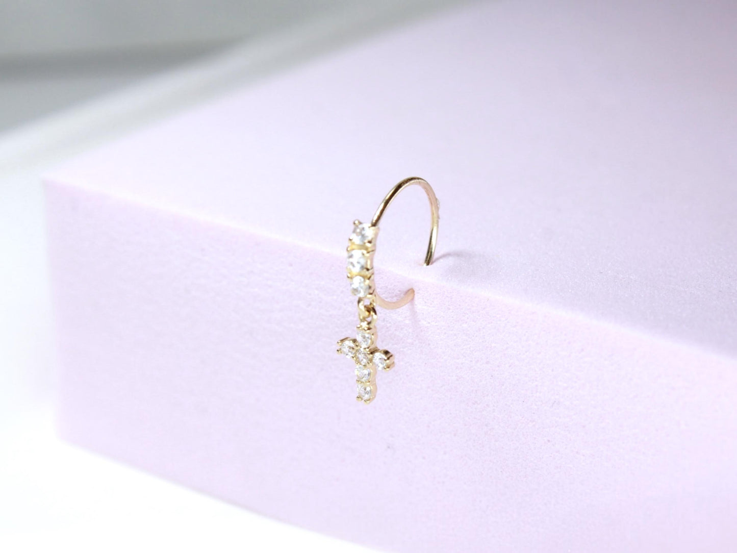 14K Gold Cross Nose Ring, 20g Dangling Cross CZ Nose Hoop Ring Jewelry, Dainty Bendable Nose Piercing Jewelry, Solid Gold Jewelry