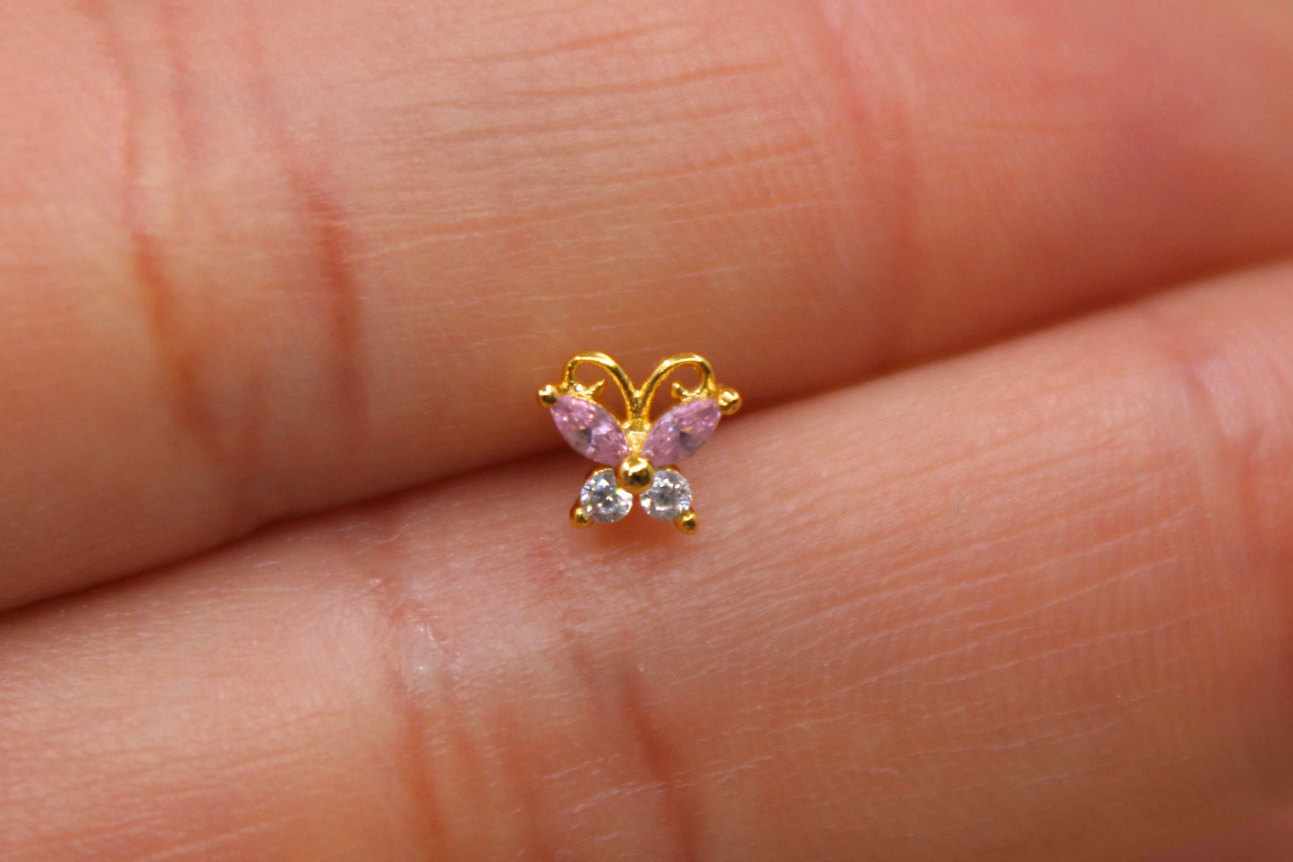 20G Pink Butterfly Nose Stud – Sparkling Pink Butterfly Ball End Nose Ring, Cute Nose Piercing Jewelry