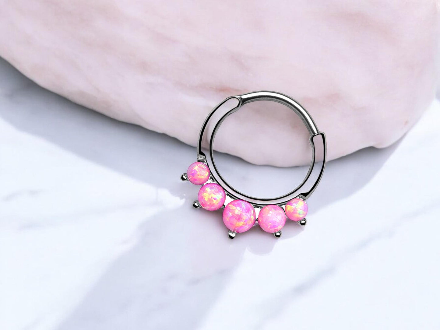 16g Pink Opal Front Dainty Septum Hoop Ring, Silver Nose Piercing Ring, Hinged Septum Clicker Nose Jewelry, Nose Piercing Jewelry