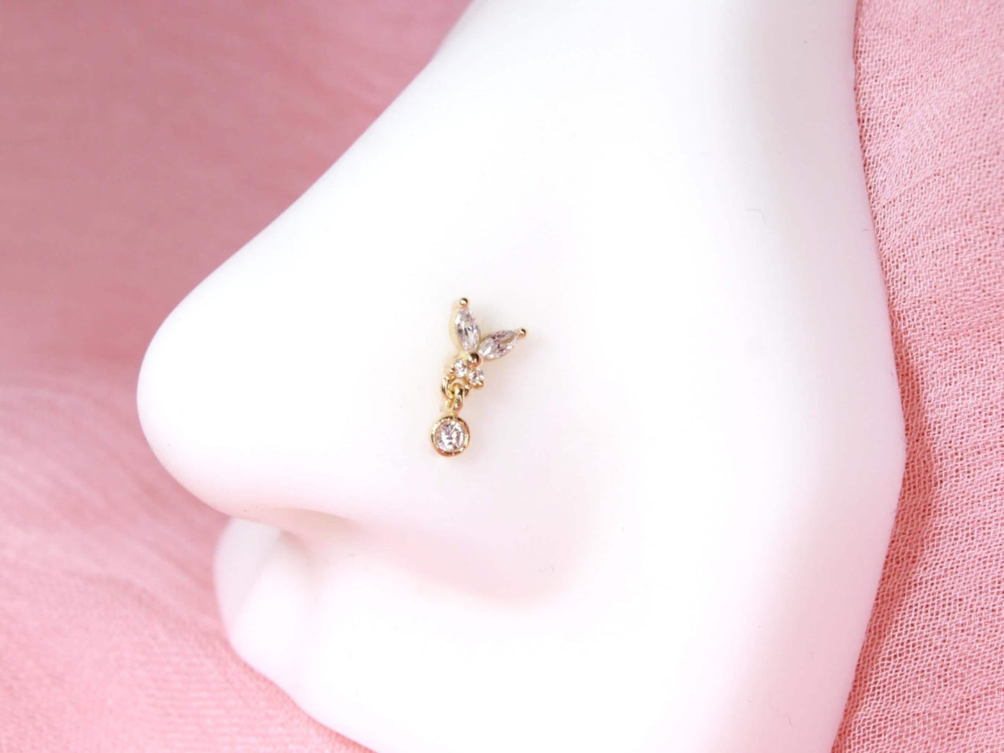 14K Gold Butterfly Nose Stud,20g Dainty Dangling Gem L Shape Corkscrew Nose Stud,Solid Gold Nose Jewelry,L Bend Screw NosePiercing Stud Ring
