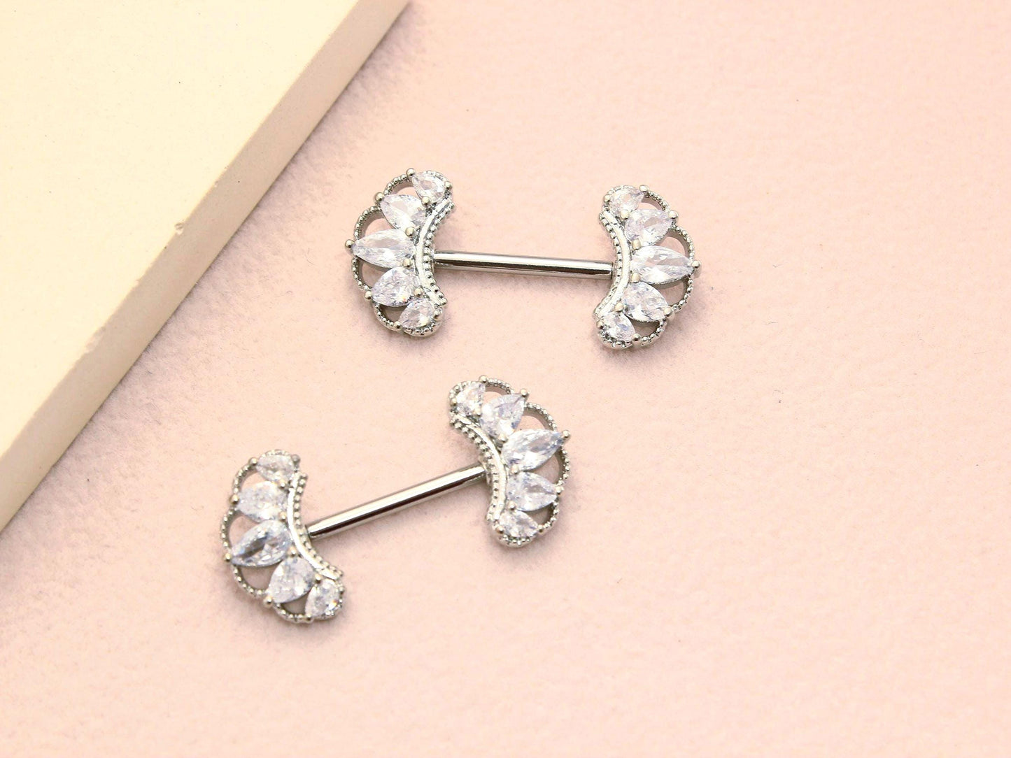 14g Nipple Barbell Piercing, Silver Floral Nipple Ring, Minimalist Body Jewelry