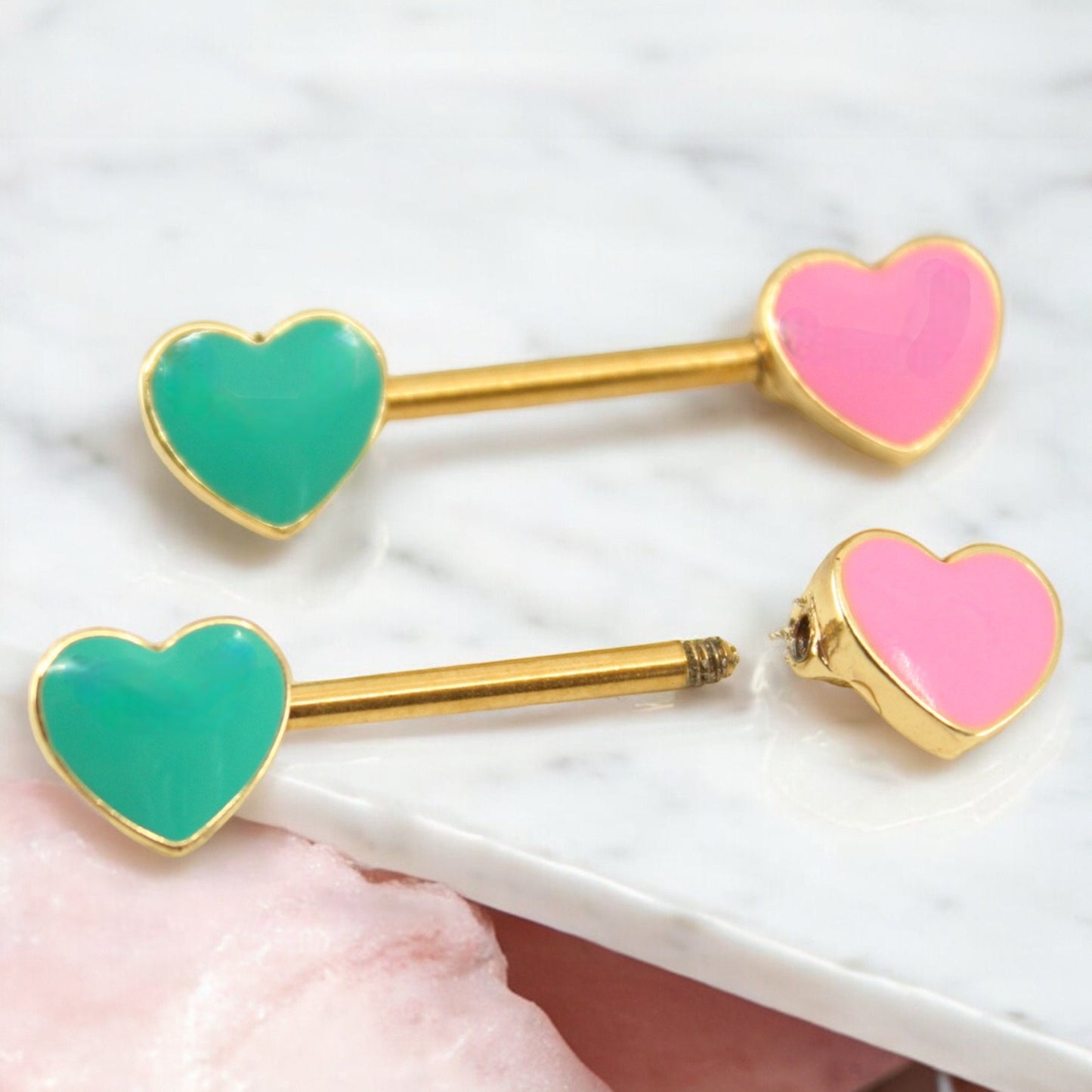 Pink Heart Nipple Ring, Heart End Nipple Barbell, Body Piercing Jewelry, 14g Nipple Barbell Jewelry