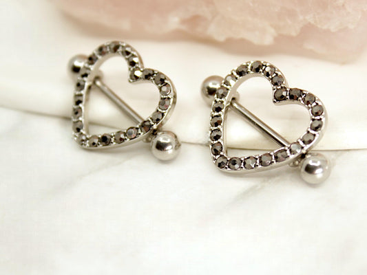 Black Heart Nipple Barbell, Heart Gems Nipple Shield Piercing Jewelry, 14G Silver Nipple Ring, Aesthetic Body Piercing Jewelry.
