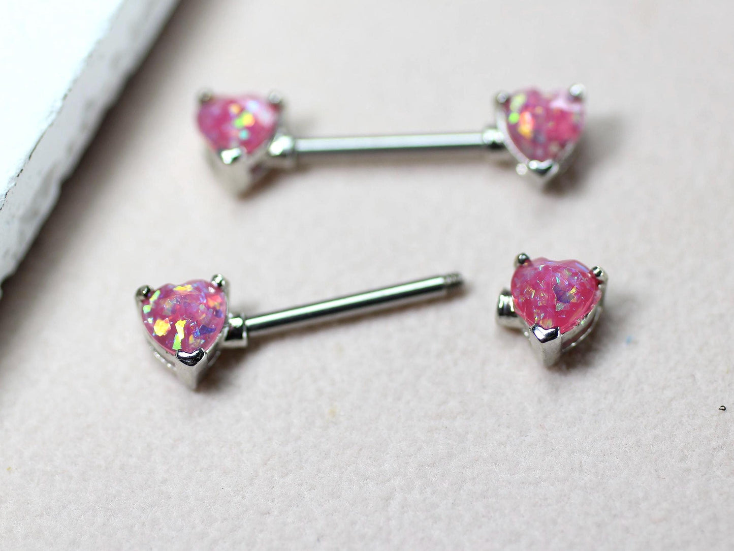 14g Opal Heart Nipple Ring, Pair of Internally Threaded Pink Glitter Nipple Piercing Jewelry, Surgical Steel Body Jewelry.
