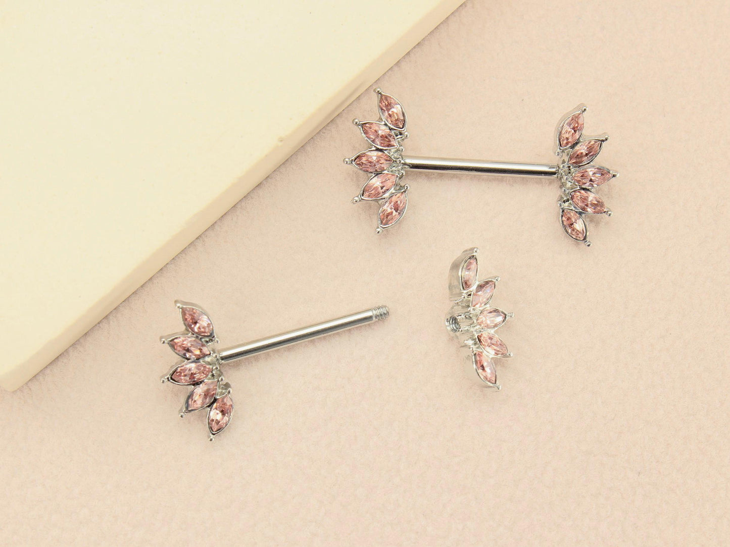 Pink Marquise Nipple Barbell, 14G Floral Petal Leaf Nipple Ring Jewelry, Pair of Leaf Nipple Piercing Jewelry, Body Piercing Jewelry