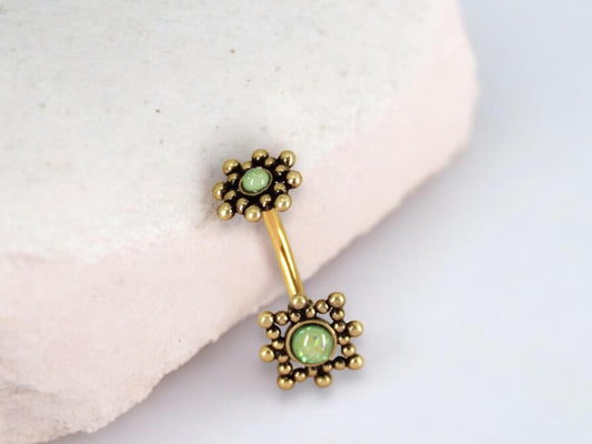 Opal Belly Ring, Beaded Decor Gold Belly Button Ring, 14g Belly Piercing, Navel Ring, Navel Bar, Gold Belly Jewelry