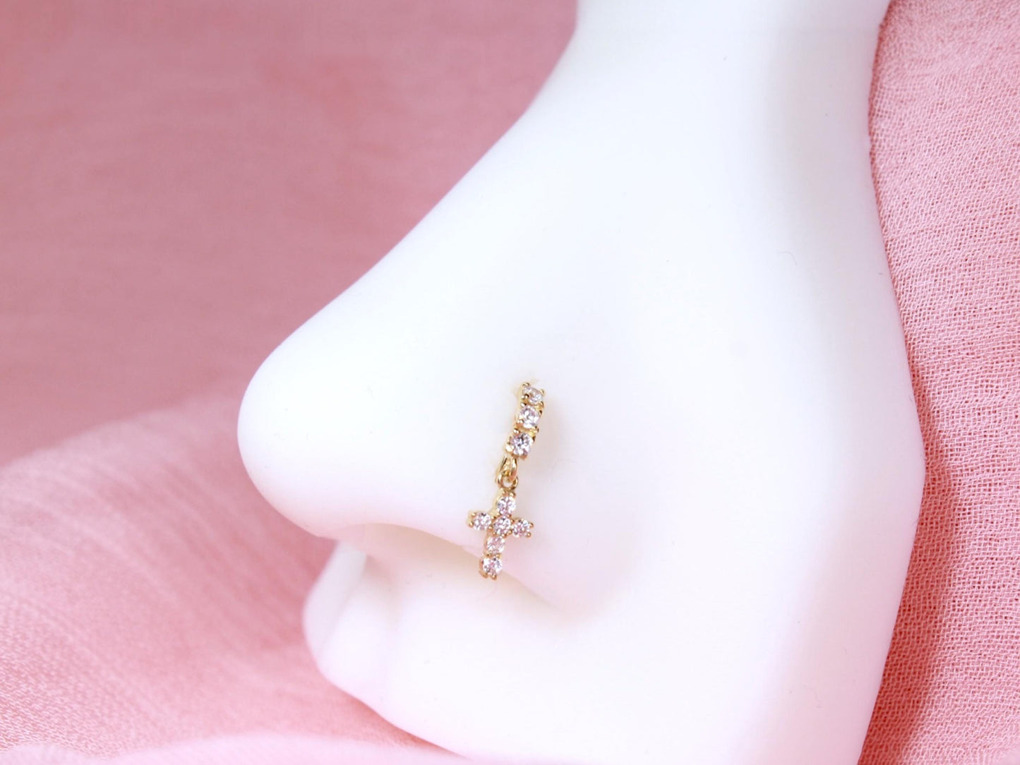 14K Gold Cross Nose Ring, 20g Dangling Cross CZ Nose Hoop Ring Jewelry, Dainty Bendable Nose Piercing Jewelry, Solid Gold Jewelry