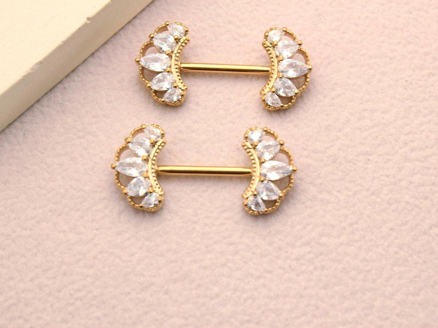 14g Gold Nipple Barbell, CZ Paved Floral Petal Leaf Nipple Ring Jewelry, Pair of Leaf Nipple Piercing Jewelry, Gold Body Piercing Jewelry