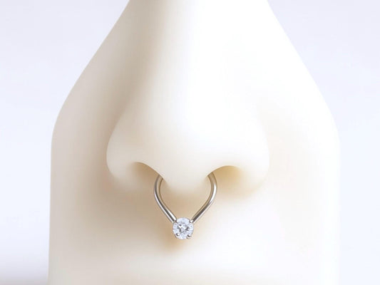 16G Septum Clicker Ring, Dainty Teardrop Nose Septum Hinged Hoop Ring, CZ Septum Nose Jewelry, Silver Septum Nose Ring