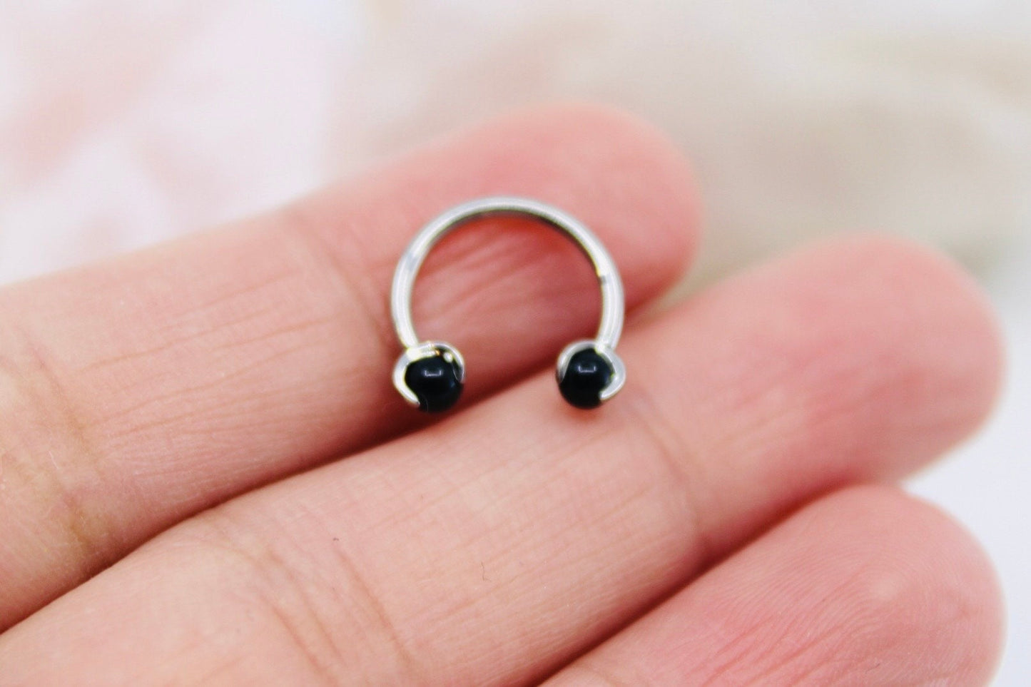 Implant Grade Titanium Natural Stone Black Horseshoe Hoop Ring, Internally Threaded Septum Piercing Hoop Ring, Septum Jewelry Ring