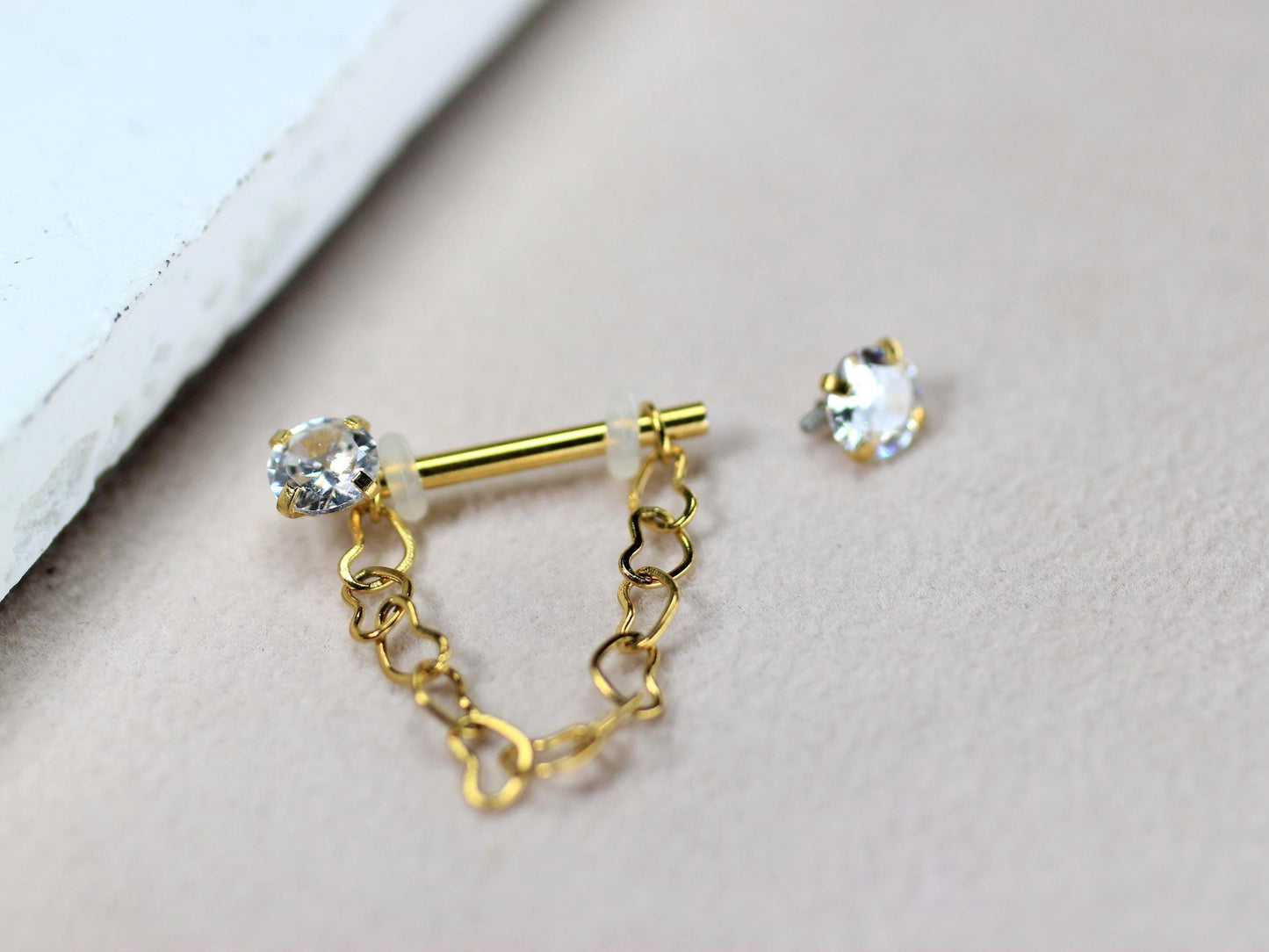 14g Gold Nipple Barbell, Dangling Heart Chain CZ Prong Nipple Piercing, Minimalist Piercing, Surgical Steel Body Jewelry.