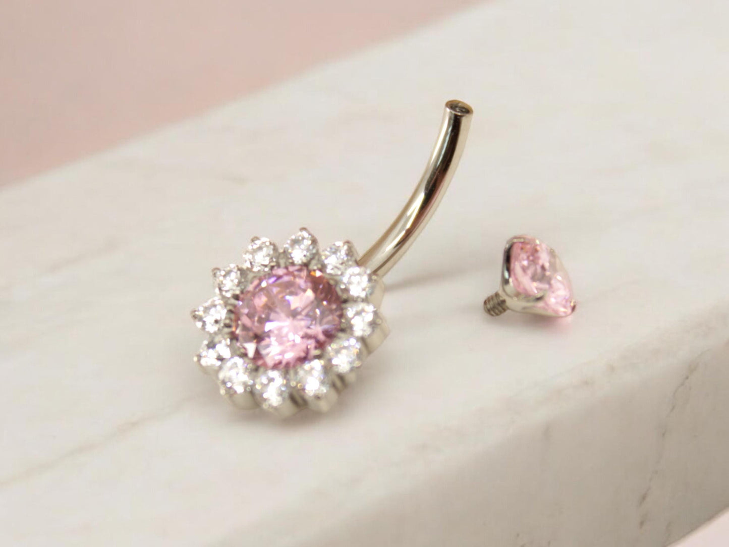 14G Titanium Pink Floral Belly Button Ring – Sparkle Gem Navel Piercing