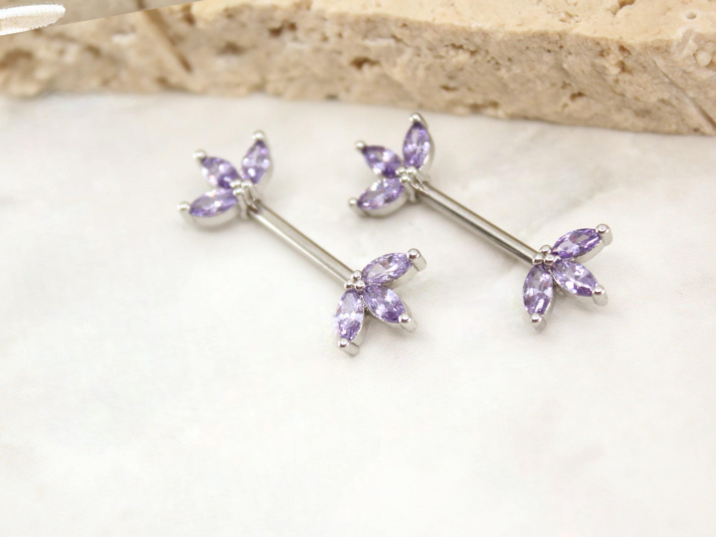 14G Purple Lotus Leaf Nipple Barbell,  Floral Petals Marquise Gem Silver Nipple Piercing Ring, Body Piercing Jewelry.