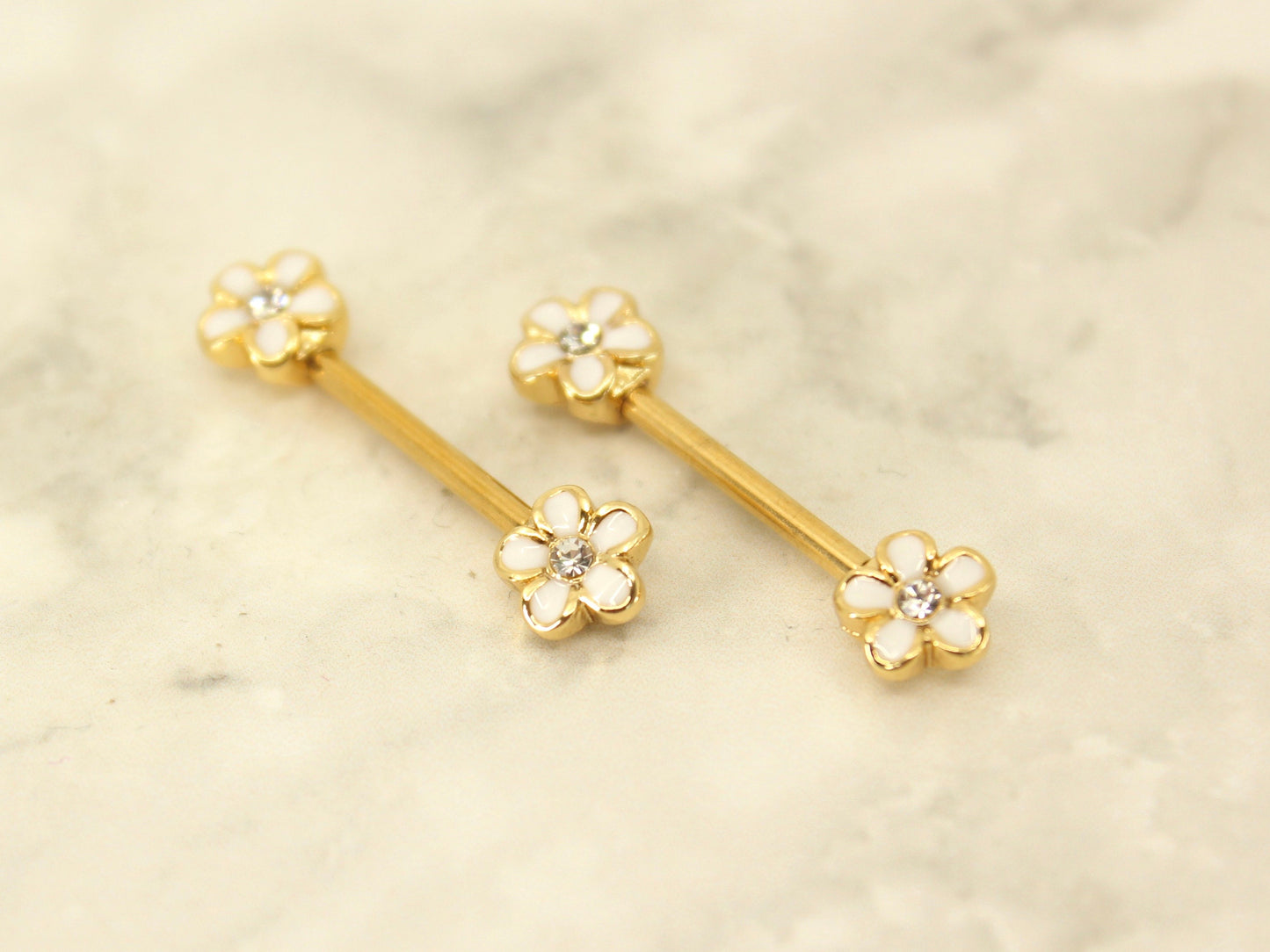 Daisy Nipple Ring, White Daisy Floral Decor Nipple Piercing Ring, 14g Gold Nipple Piercing Jewelry Barbell