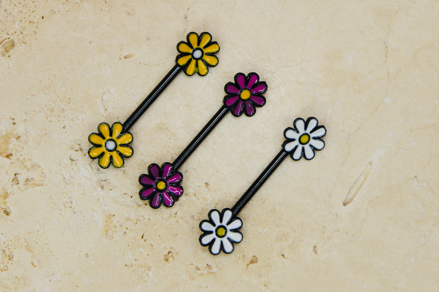 Flower Nipple Ring, Pink Yellow White Floral Decorative End Nipple Piercing Barbell Jewelry, 14g Nipple Barbell Body Piercing Jewelry